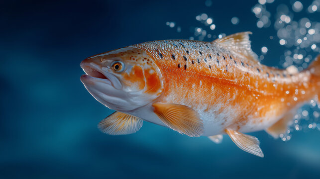 Underwater Salmon: A captivating close-up of a vibrant salmon gracefully navigating through the depths of clear water, displaying its remarkable aquatic adaptation.