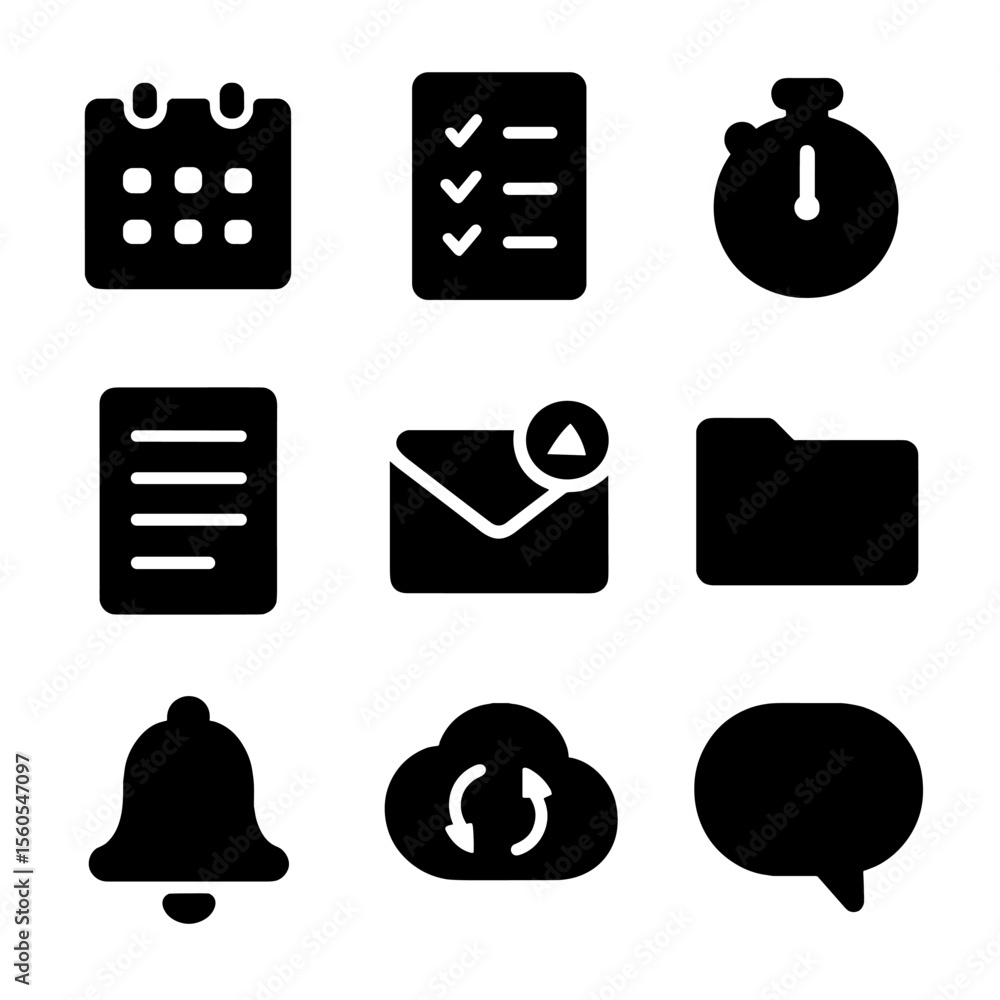 Poster productivity app icons. solid, filled icon set of productivity and communication apps: calendar plan