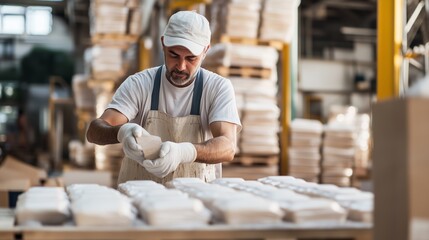 Worker preparing eco-friendly packaging in a busy warehouse during daytime hours