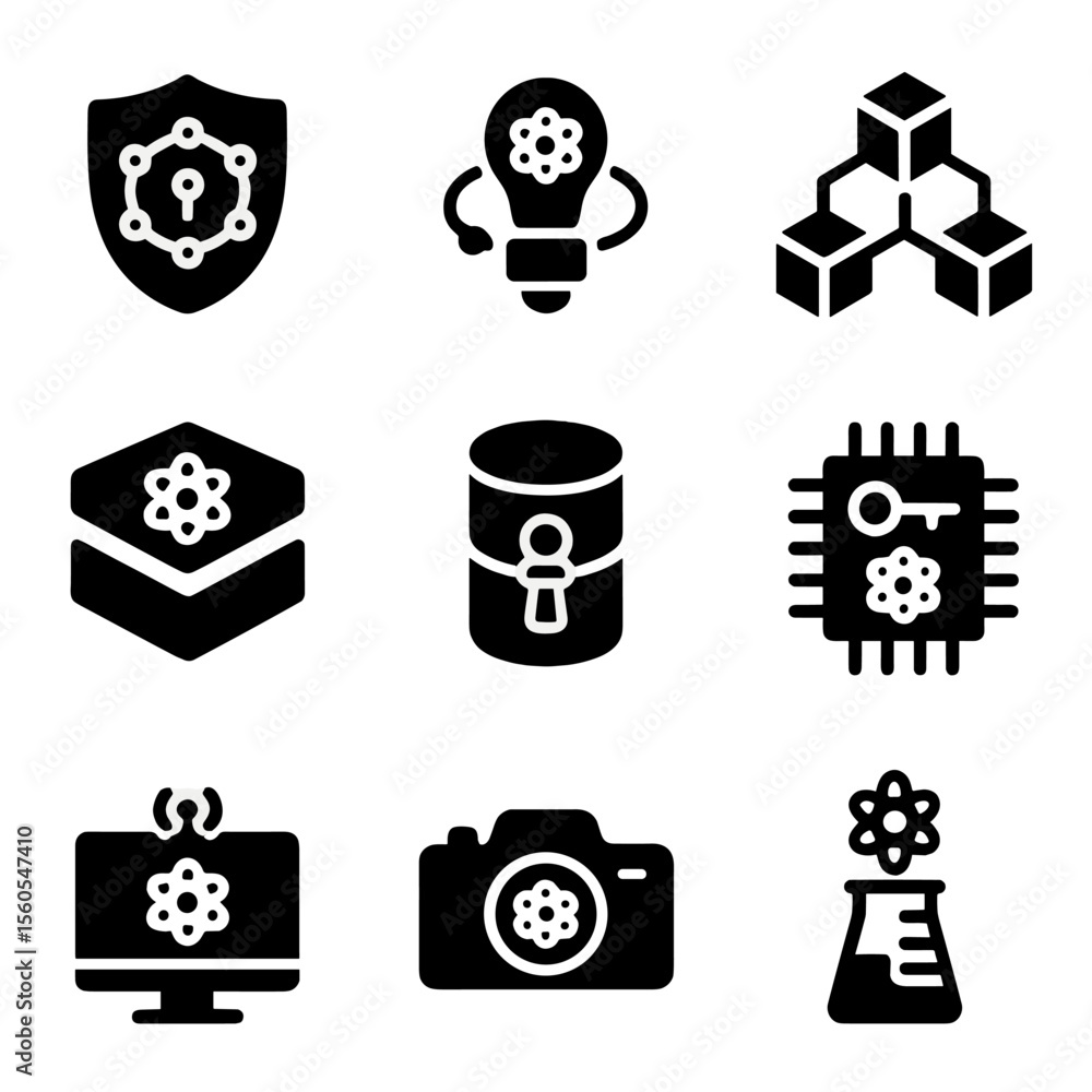 Poster quantum tech icon set. solid, filled icon set of quantum technology applications: quantum cryptograp