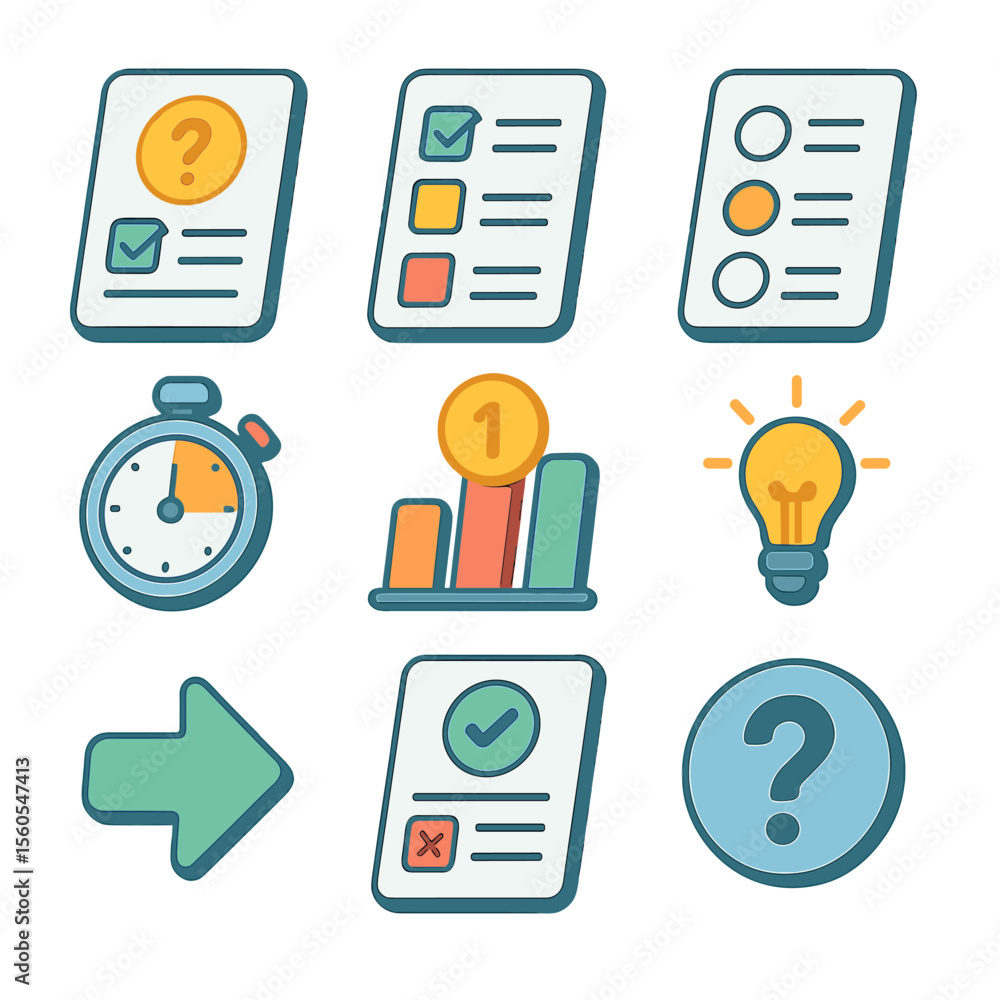 Poster quiz icons set. isometric flat icon set of interactive quizzes: multiple-choice question, checkbox, 