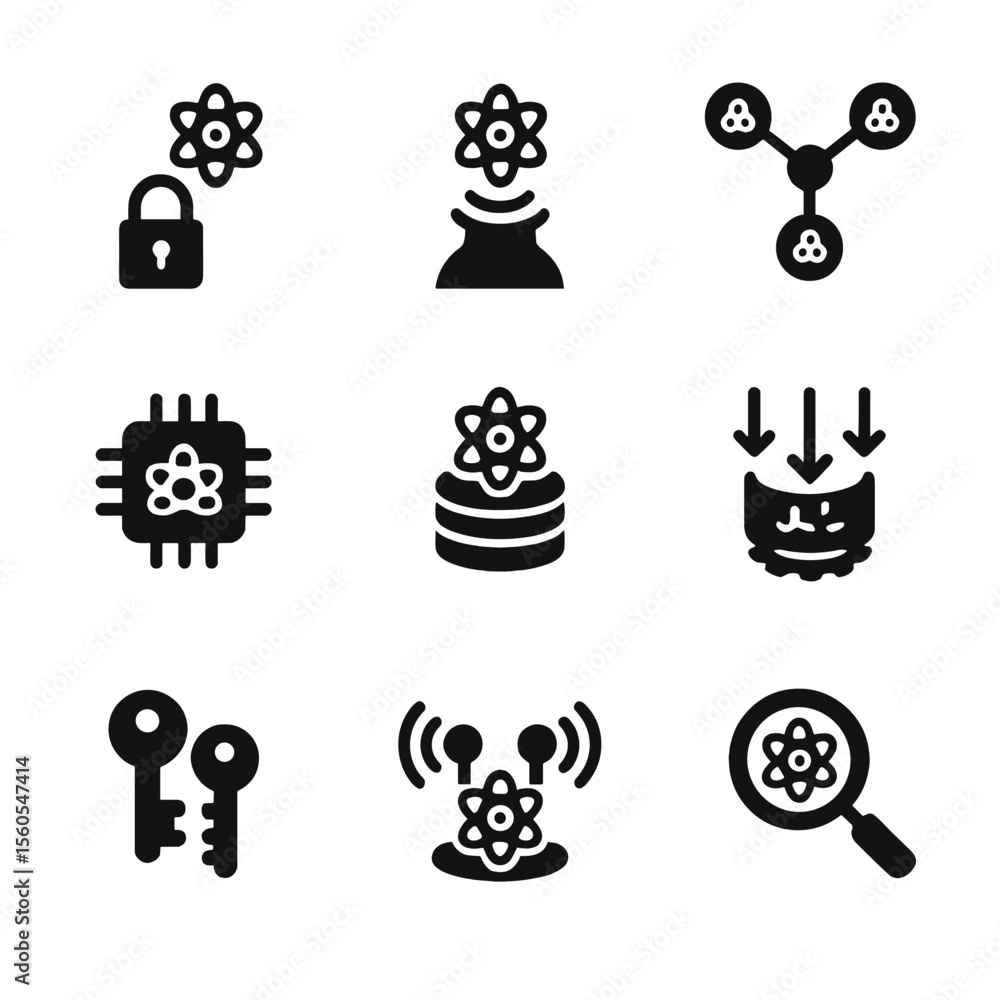 Poster quantum tech icon set. solid, filled icon set of quantum technology applications: quantum cryptograp