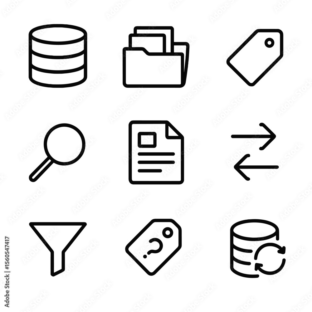 Poster question bank icons. outline icon set of question bank management: database stack, folder with files
