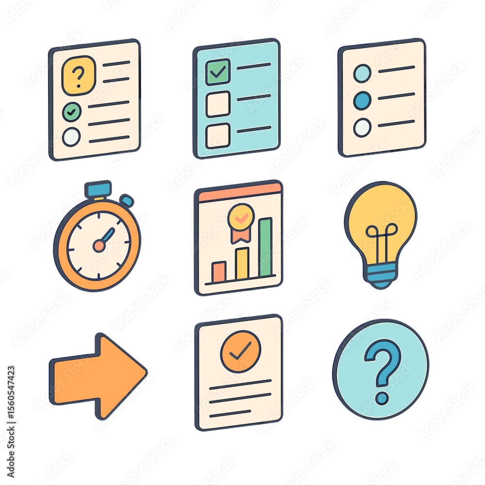 Aufkleber quiz icons set. isometric flat icon set of interactive quizzes: multiple-choice question, checkbox, 