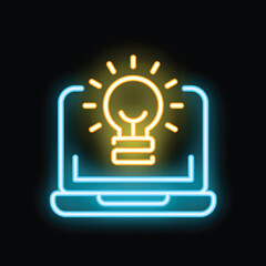 Neon glowing laptop displaying a bright light bulb, symbolizing innovation and inspiration in the digital age