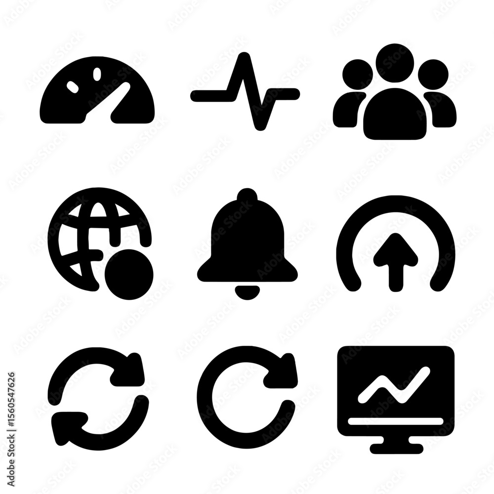 Poster real-time monitoring icons. solid, filled icon set of real-time performance monitoring: speed gauge,