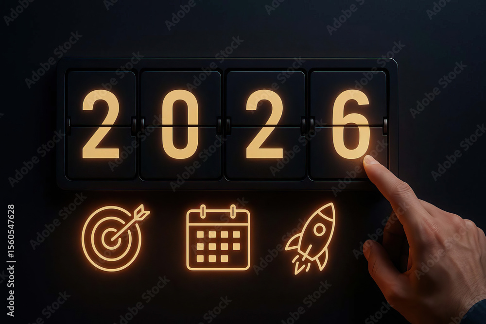 Poster digital display showing year 2026 with icons representing goals, calendar, and rocket, symbolizing f