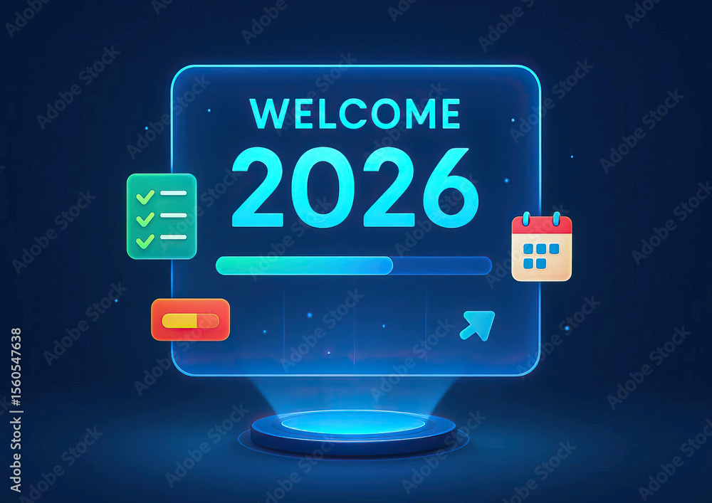 Aufkleber welcome to future with vibrant digital display showcasing year 2026. design features colorful icons 