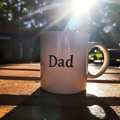 Dad coffee mug on wooden deck with sunlight and lens flare for Father's Day celebration and family appreciation concepts