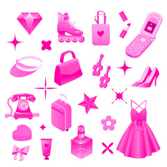 Pink fashion and beauty y2k icons collection with dress lipstick handbag roller skate heels perfume flip phone jewelry makeup travel bag vintage phone star shapes and girly accessories