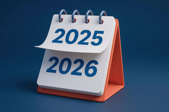 Modern desk calendar displaying years 2025 and 2026, featuring sleek design with vibrant orange base and large, clear numbers, organization and planning for future - Powered by Adobe