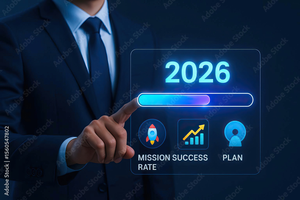 Poster digital interface displaying progress bar for mission success rate and future planning for 2026. ima