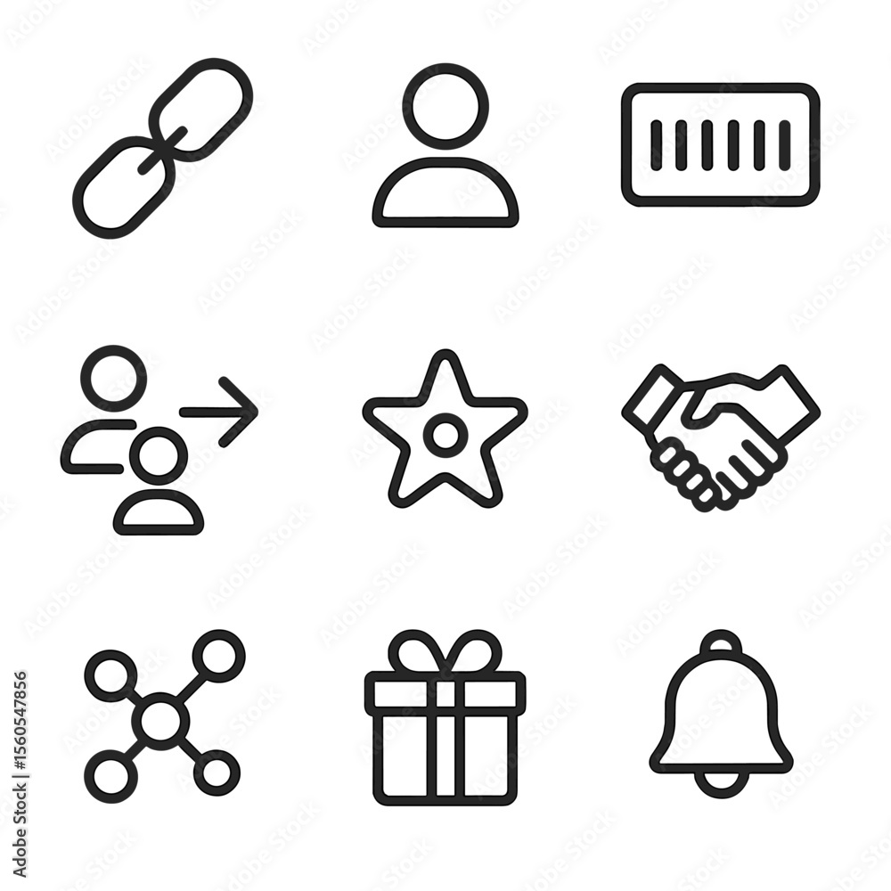 Poster referral program icons. outline icon set of referral program elements: share link, user avatar, refe