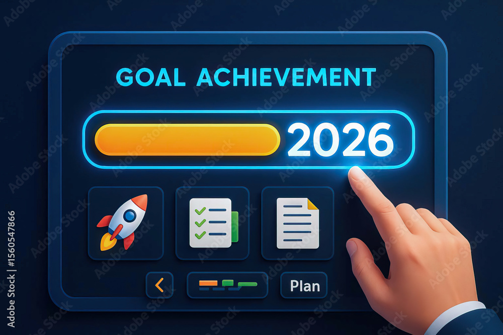 Poster achieve your goals with digital interface showcasing progress towards 2026. design features hand int