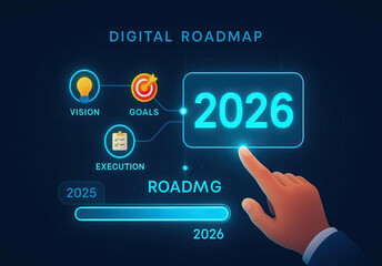 Digital roadmap illustrating strategic plan for 2025 to 2026, featuring elements like vision, goals, and execution. design emphasizes clarity and forward thinking, ideal for presentations
