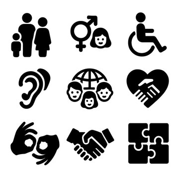 Diverse Inclusion Icons. Solid, filled icon set of inclusive diversity symbols: people of different ages, gender symbols,