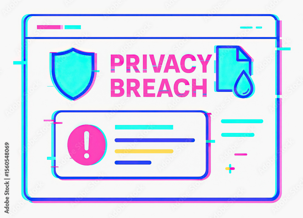 Poster digital illustration of privacy breach alert featuring shield, document, and warning symbol. vibrant