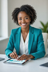 A smiling Black woman in a teal blazer sits at a desk, interacting with a tablet.