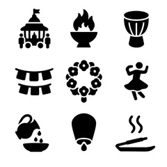 Religious Festival Icons. Solid, filled icon set of religious festivals and ceremonies: temple procession, fire ritual, music drum