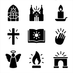 Obraz premium Religious Light Icons. Solid, filled icon set of religious light imagery: stained glass, cathedral light, prayer candle, cross