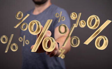 3D rendering of a man interacting with golden percentage symbols, illustrating discounts, interest...
