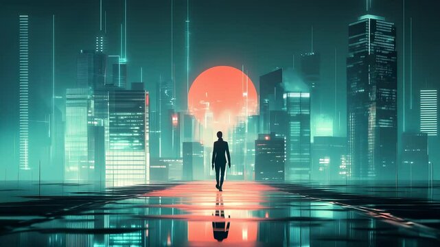 A determined figure walks towards a glowing cityscape, symbolizing ambition and resilience