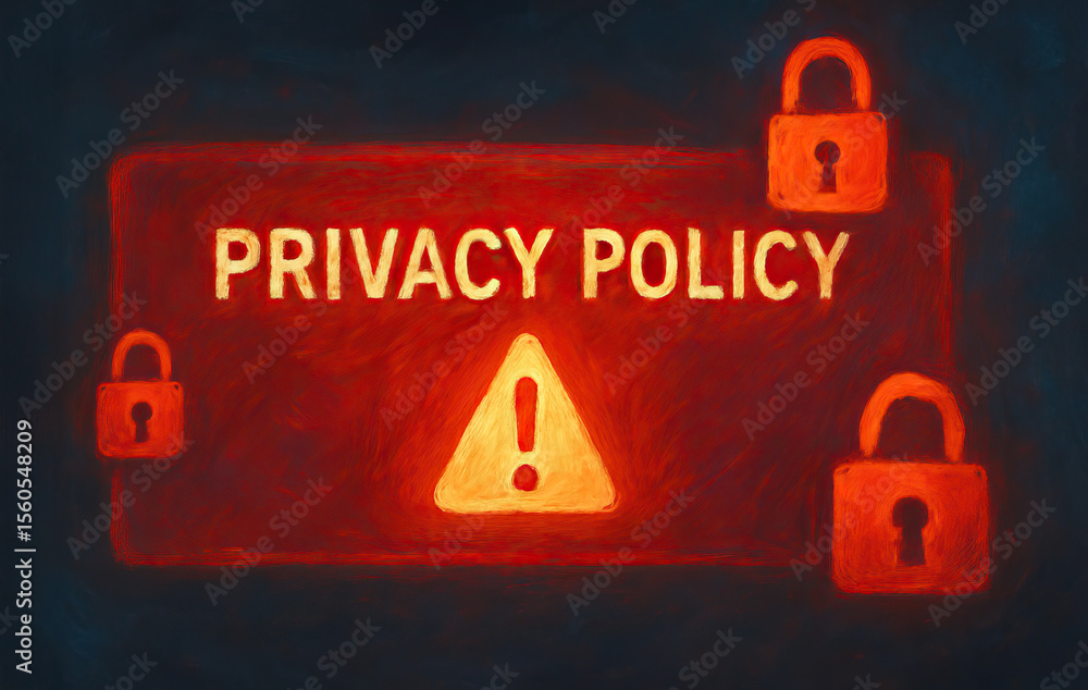 Poster privacy policy sign with warning symbol and padlocks, emphasizing security and confidentiality. vibr