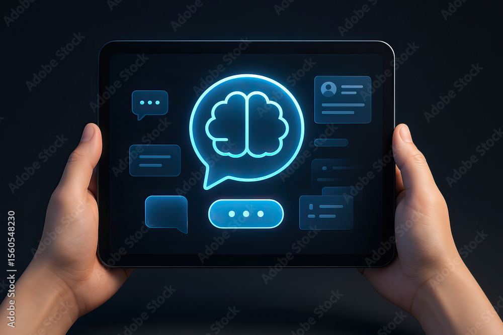 Aufkleber person holds tablet displaying glowing brain icon surrounded by chat bubbles and messages, symbolizi