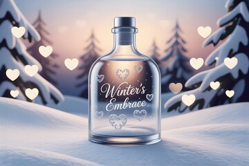 Glass bottle with Winter's Embrace text and snowflake hearts in romantic snowy landscape with floating heart shapes and pine trees background