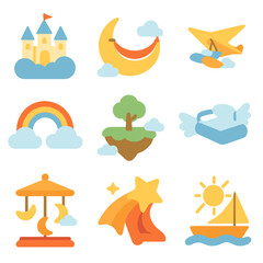 Dream Flight Icons. Flat icon set of dream flight scenarios: cloud castle, moon hammock, star glider, rainbow bridge, floating