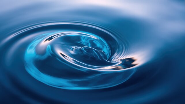 A mesmerizing close-up of a water droplet creating ripples, captured in vivid blue tones with a smooth, reflective surface.