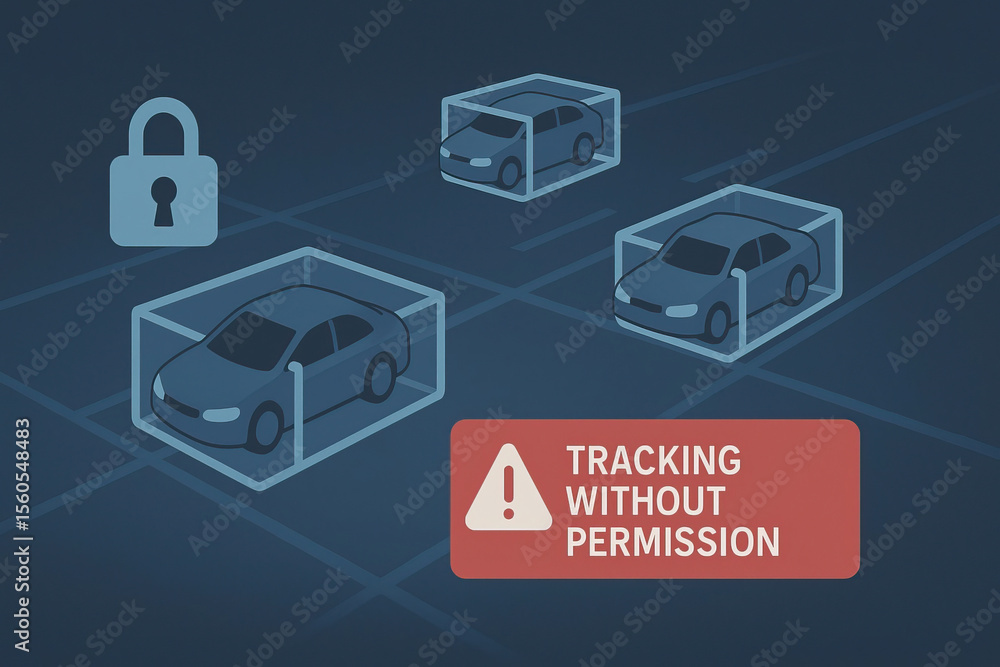 Poster digital illustration of vehicles enclosed transparent boxes, symbolizing tracking without consent. p