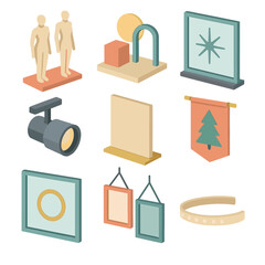 Retail Decor Icon Set. Isometric Flat icon set of retail window decorations: mannequins, props arrangement, window decal,