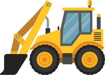 Illustration of a yellow backhoe loader construction vehicle on a clean white background suitable for industrial or heavy machinery themes