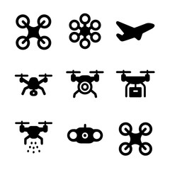 Drone Icons Grid. Solid, filled icon set of drone types: quadcopter, hexacopter, fixed-wing drone, racing drone, camera drone,