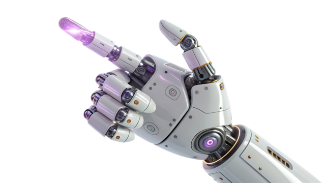 Advanced robotic hand with glowing purple fingertip and detailed mechanical joints
