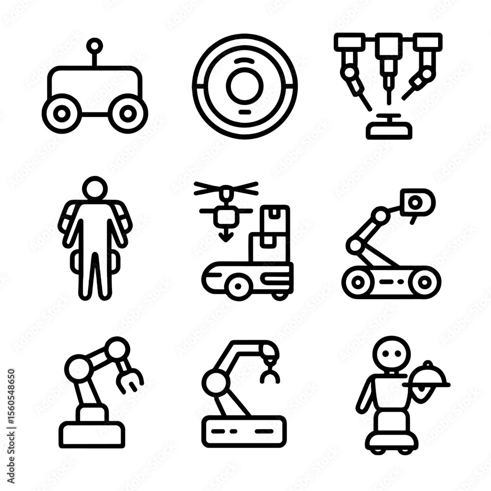 Poster robotics icon set. outline icon set of robotics applications: mobile robot, robotic vacuum, surgical