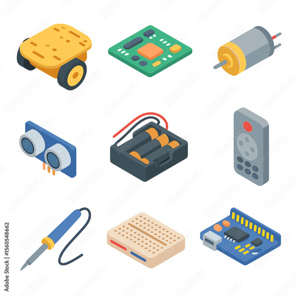 Poster robotics science kit. isometric flat icon set of robotics science kit: robot chassis, circuit board,