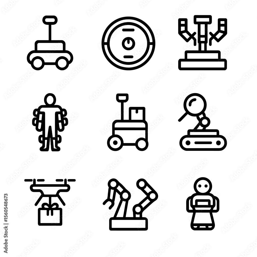 Poster robotics icon set. outline icon set of robotics applications: mobile robot, robotic vacuum, surgical