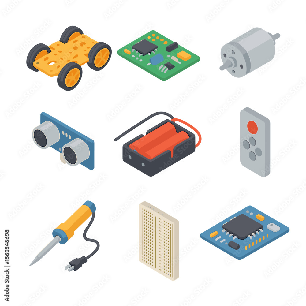 Poster robotics science kit. isometric flat icon set of robotics science kit: robot chassis, circuit board,