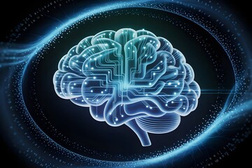 Digital brain with circuit patterns and glowing neural networks representing artificial intelligence and machine learning technology