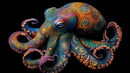 Obraz premium Vibrant, colorful octopus with intricate patterns on a black background.