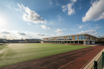 Fototapeta premium A modern school campus featuring a contemporary building and an empty athletic field