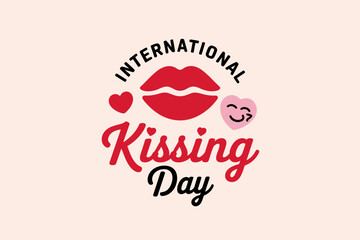 International kissing day logo with red lips heart and smiley emoji for romantic holiday celebration design  