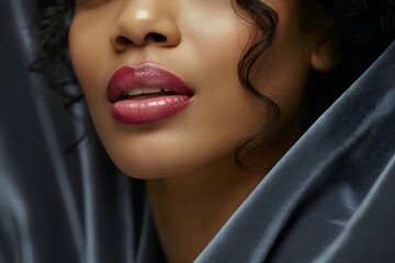 Beautiful woman with glossy red lipstick and perfect makeup in professional portrait shot for beauty and cosmetics advertising