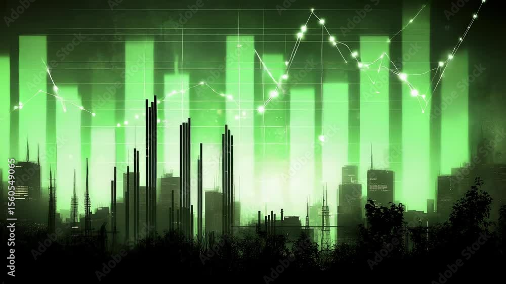 Poster animated financial chart displaying data fluctuation over a stylized cityscape backdrop