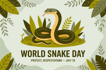 Tropical style world snake day badge with coiled snake and jungle leaves for reptile conservation july 16  