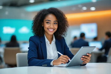 A smiling young Black woman in a business suit holds a tablet and looks directly at the camera in a modern office setting.