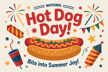 Cute bun and sausage hot dog icon with flags and streamers for national hot dog day celebration sticker  