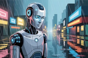 Futuristic humanoid robot android in rainy cyberpunk city street with neon lights and reflections for sci-fi technology concepts
